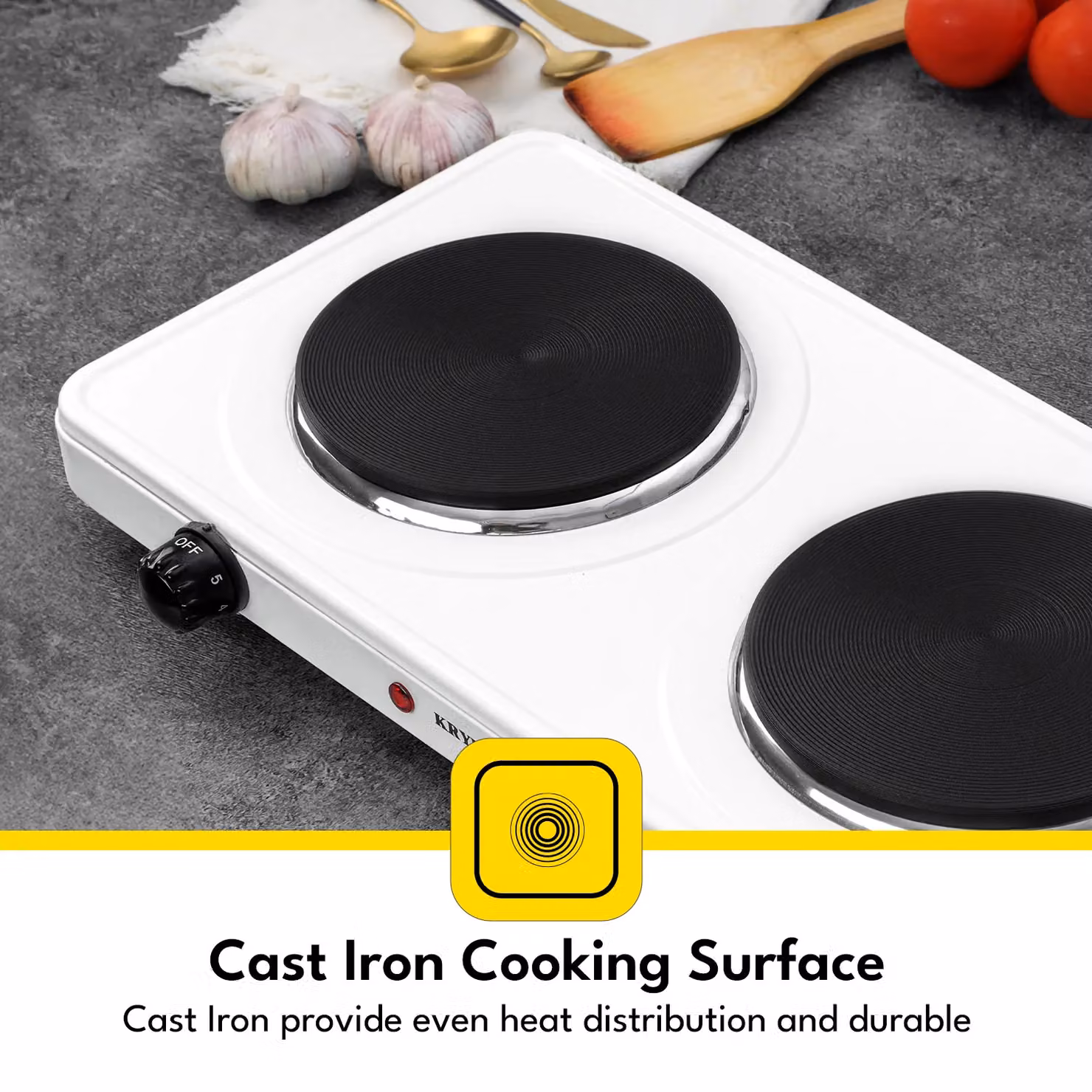 Krypton 2000W Double Cast Iron Hot Plate with Adjustable Temperature Control, White – 2