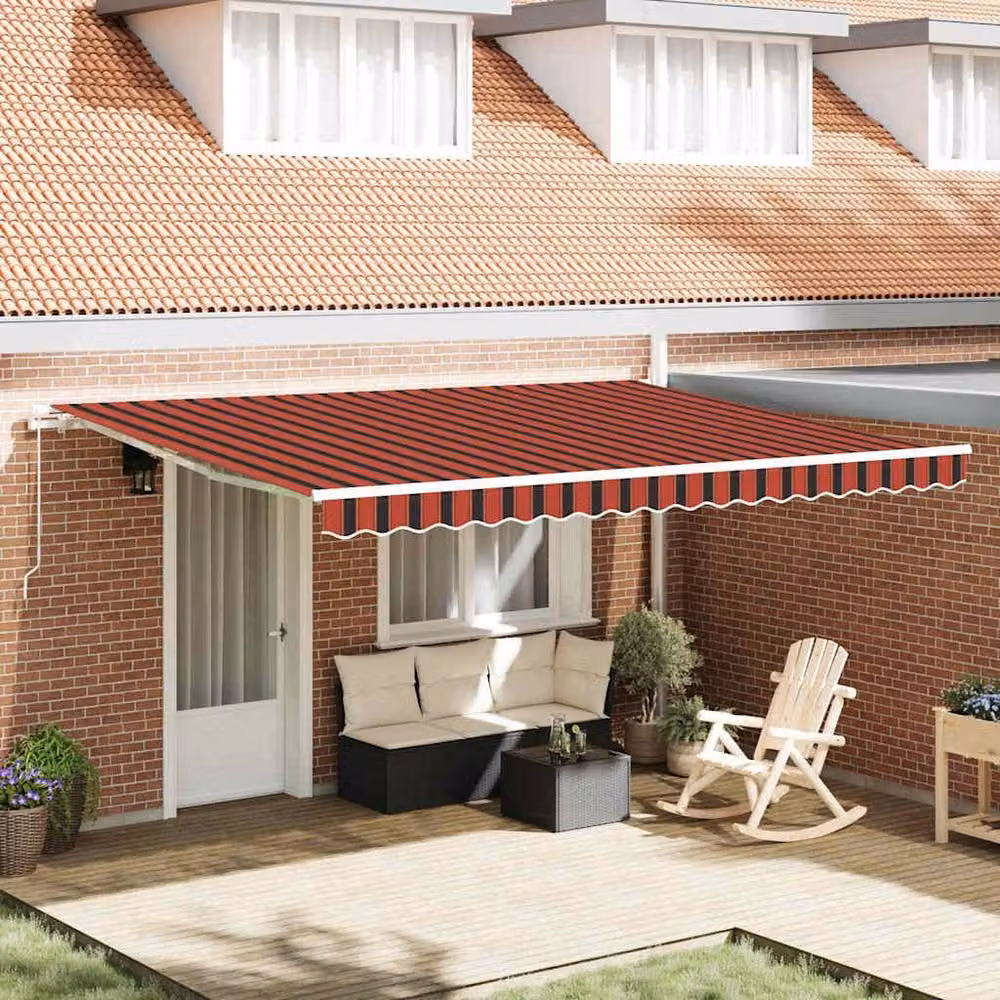 Berkfield Home Manual Retractable Wall-Mounted Folding Arm Awning in Orange, Brown and Red Striped, W: 450 cm, D: 300 cm – 1