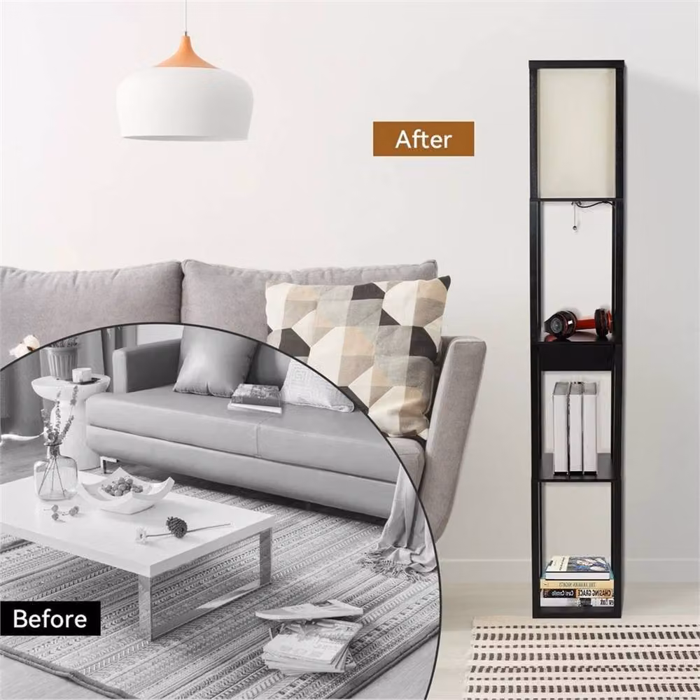 FLAVORA Black Wooden LED Floor Lamp with USB Port and Drawer Shelf – 5