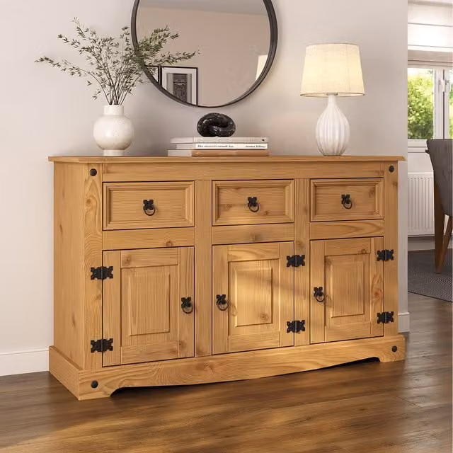Mews Corona Sideboard with 3 Doors and 3 Drawers in Rustic Waxed Pine, Brown and Black