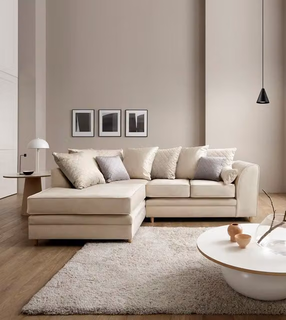 Abakus Direct Chicago Left Hand Facing L-Shape Corner Sofa in Cream Velvet with Scatter Cushions