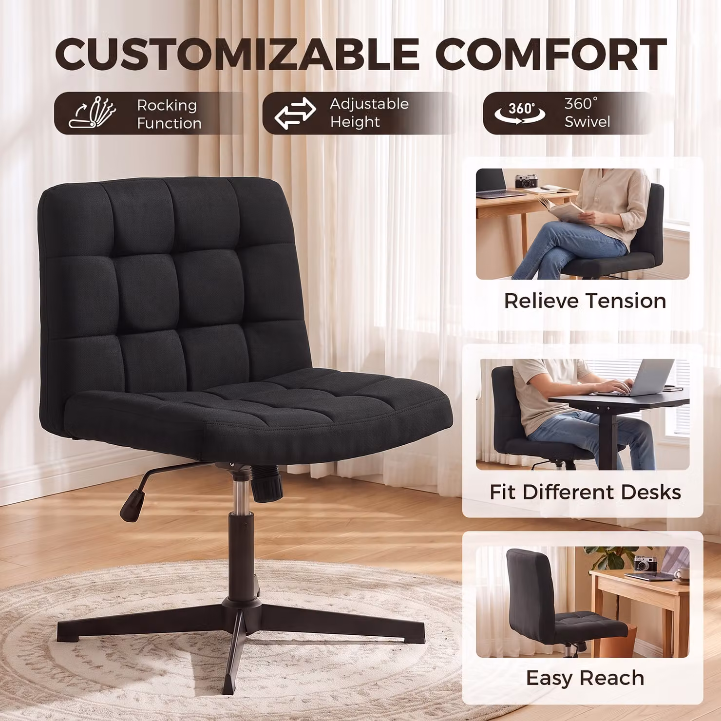 HOMCOM Armless Black Linen Office Chair with Rocking Function and Wide Seat – 6