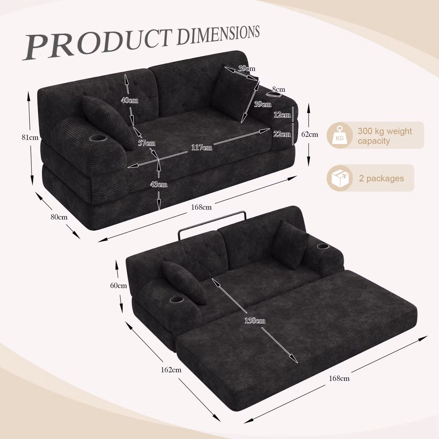 Aosom UK Black Corduroy Convertible Sleeper Sofa with High-Density Foam and Cup Holder, W/D/H: 168 x 80 x 81 cm – 3