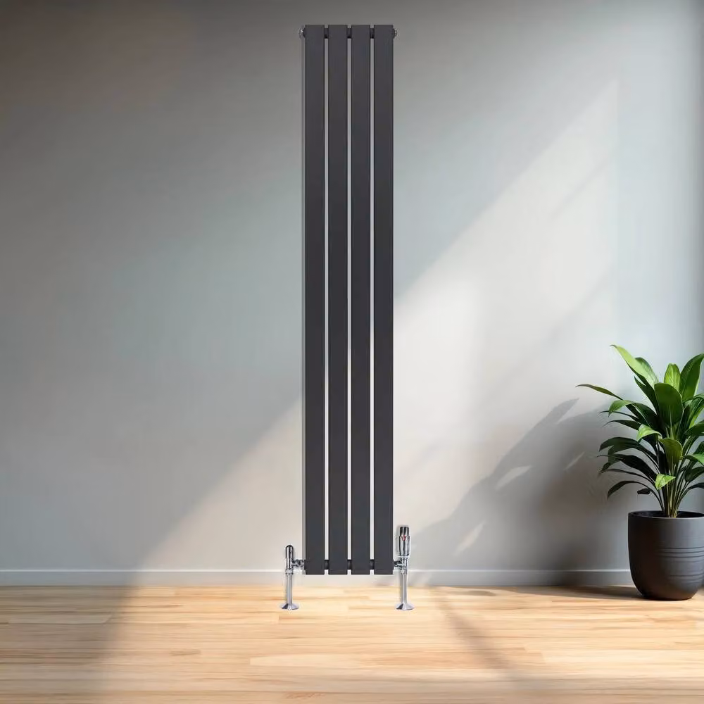 Monstershop Flat Single Column Steel Radiator and Valves with Thermostat Head, Anthracite Grey, H: 180 cm, W: 28 cm – 4