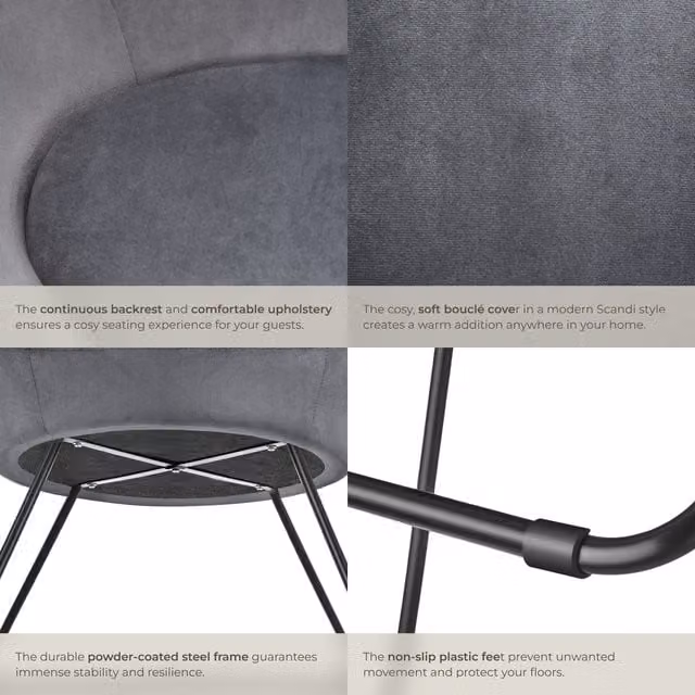 tectake Centera Accent Chair with Curved Backrest and Metal Frame in Anthracite Grey Bouclé Velvet Look