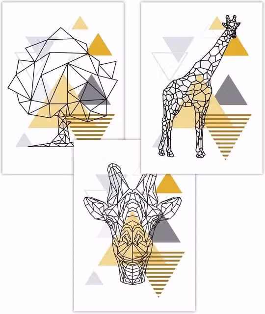 ARTZE Set of 3 Geometric Line Art Yellow Giraffe and Tree Paper Posters, W: 42 cm, H: 59 cm