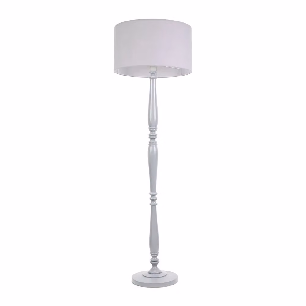 ValueLights Classic Grey Wood Floor Lamp with Fabric Cylinder Shade and LED Bulb – 2