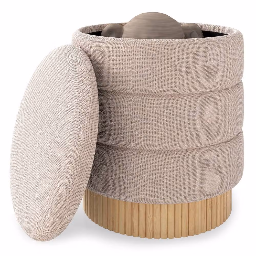 Costway Modern Round Storage Ottoman in Beige Upholstered Chenille with Lid – 3