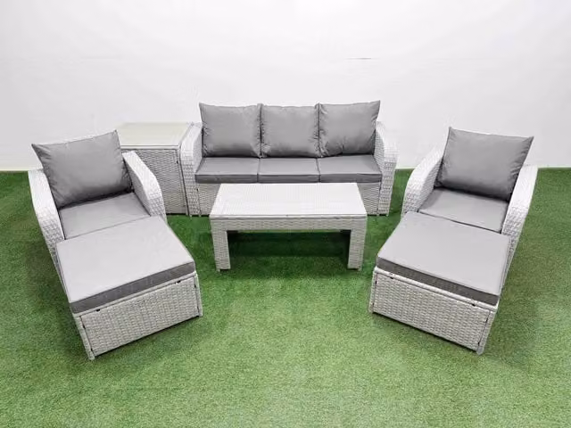 Fimous PE Rattan Garden Furniture Set in Light Grey with 3 Seater Sofa, Reclining Chairs, Coffee Table, Side Table and 2 Ottomans