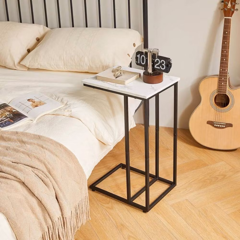VOGREX C-Shaped Faux Marble End Table with Black Metal Frame in White – 4