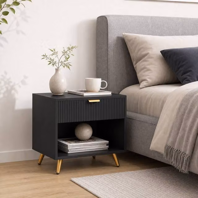 STILVORA Modern Bedside Table with Drawer and Shelf in Black and Gold – 1