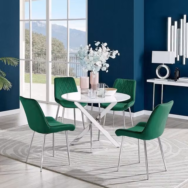 FurnitureboxUK Novara White High Gloss Round Dining Table with 4 Pesaro Silver and Green Chairs
