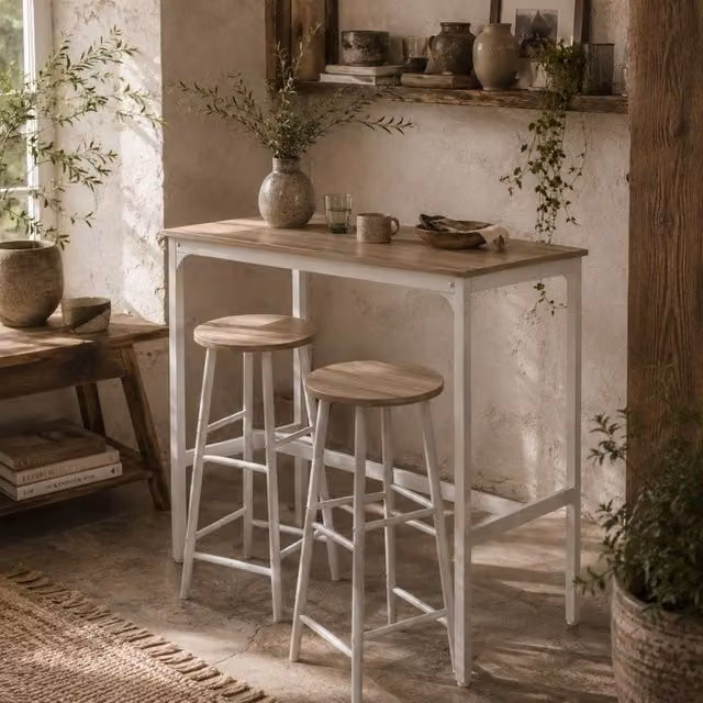 Wyld Haus Faro 3 Piece Industrial Bar Table and Stool Set with Oak Top in White – 1