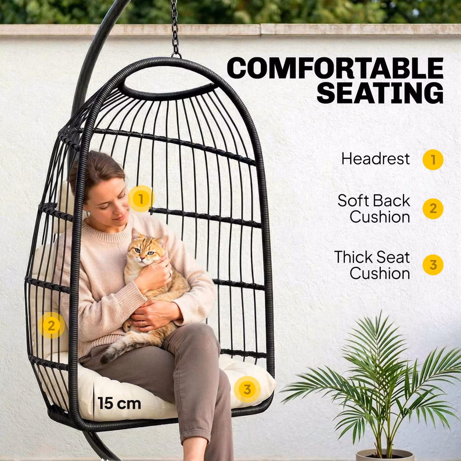 Outsunny Hanging Egg Chair with Stand and Cushions, Black and Cream White Indoor Outdoor Hammock Swing Chair – 5