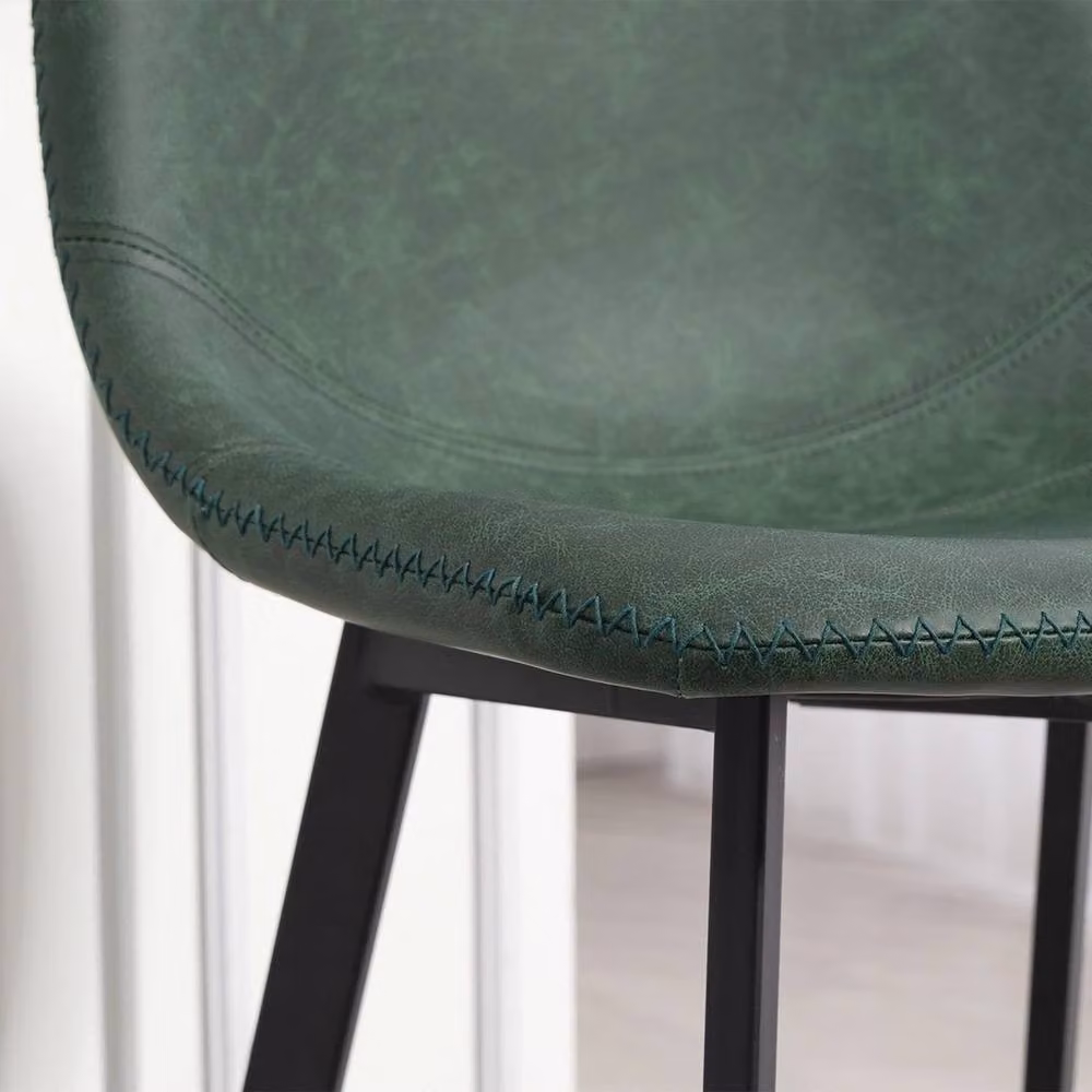 VOGREX Set of 2 Green Synthetic Leather Bar Stools with Backrest and Matt Metal Legs – 3