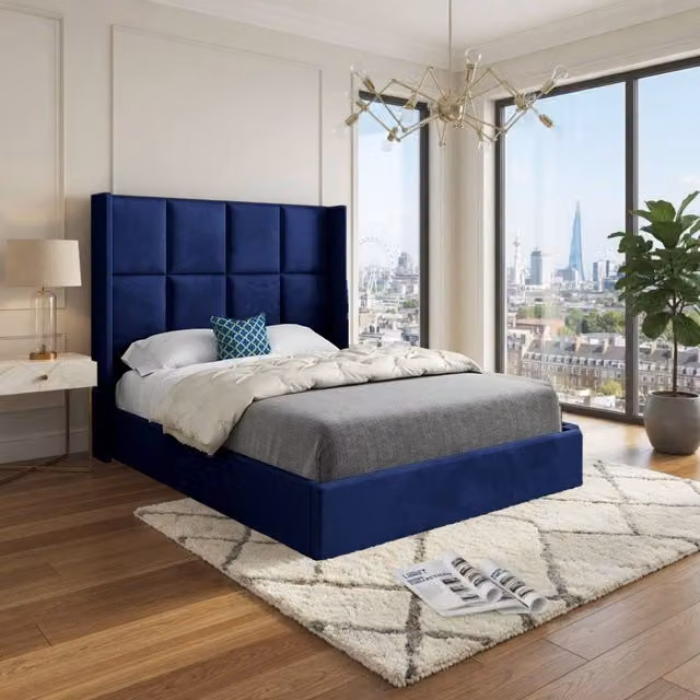 KDMD Stambourne Winged Upholstered Designer Bed Frame in Blue Soft Velvet, Size: King (180 x 200 cm)