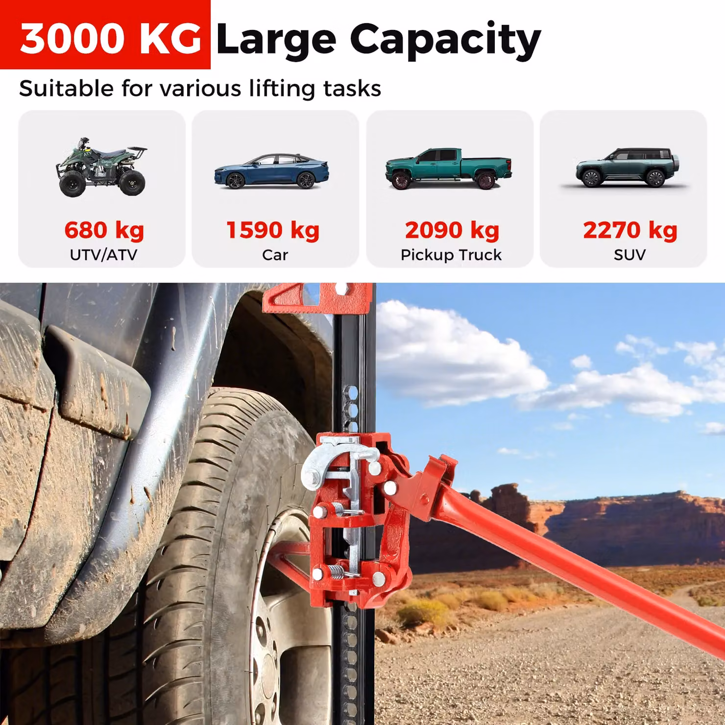 Gymax Red Farm Jack Ratcheting Off-Road Utility Jack with 3000kg Capacity, Height: 112 cm – 4