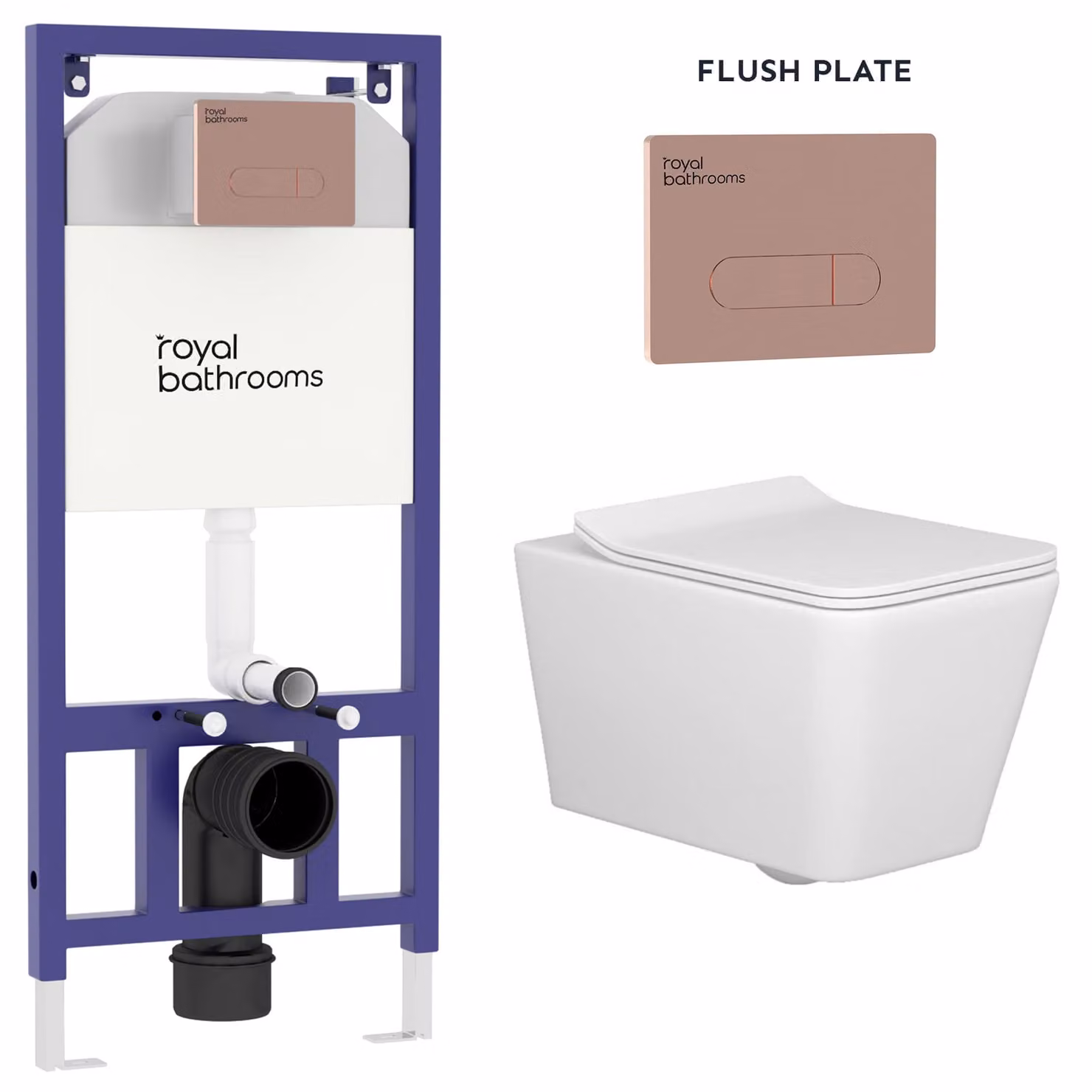 Royal Bathrooms Elena White Ceramic Wall Hung Rimless Toilet with Slim Soft Close Seat and Brushed Bronze Plate