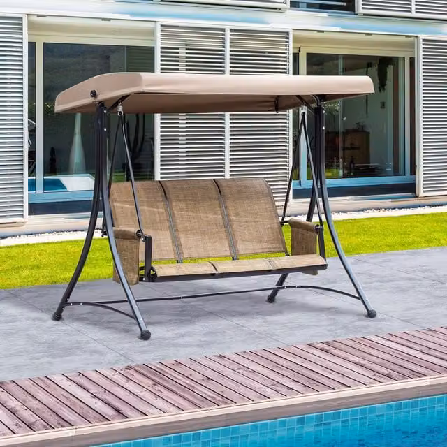 Outsunny 3 Person Modern Outdoor Patio Porch Swing Chair with Sun Canopy, Brown