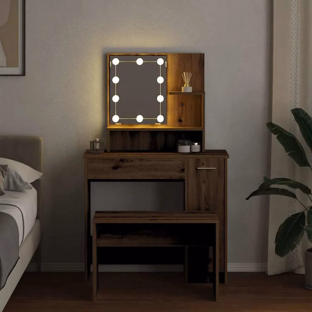 Berkfield Home Hollywood LED Dressing Table Set in Artisan Oak Brown – 3