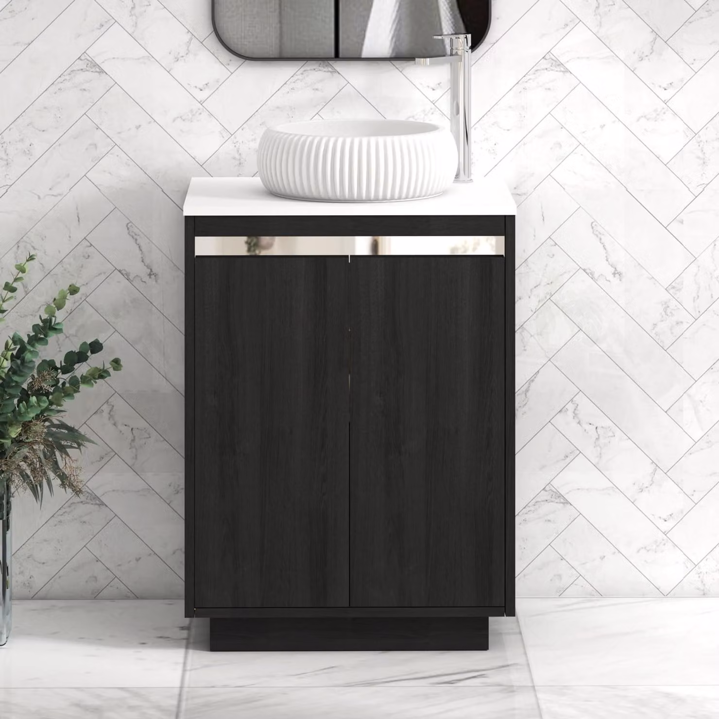 Royal Bathrooms Orion 600mm Hale Black and White Floor Standing 2 Door Vanity Unit with Milan Basin and Chrome Accent Trim