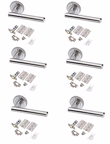 Golden Grace T-Bar Door Handle Sets with Latch and Hinges in Polished Chrome, 6 Pack