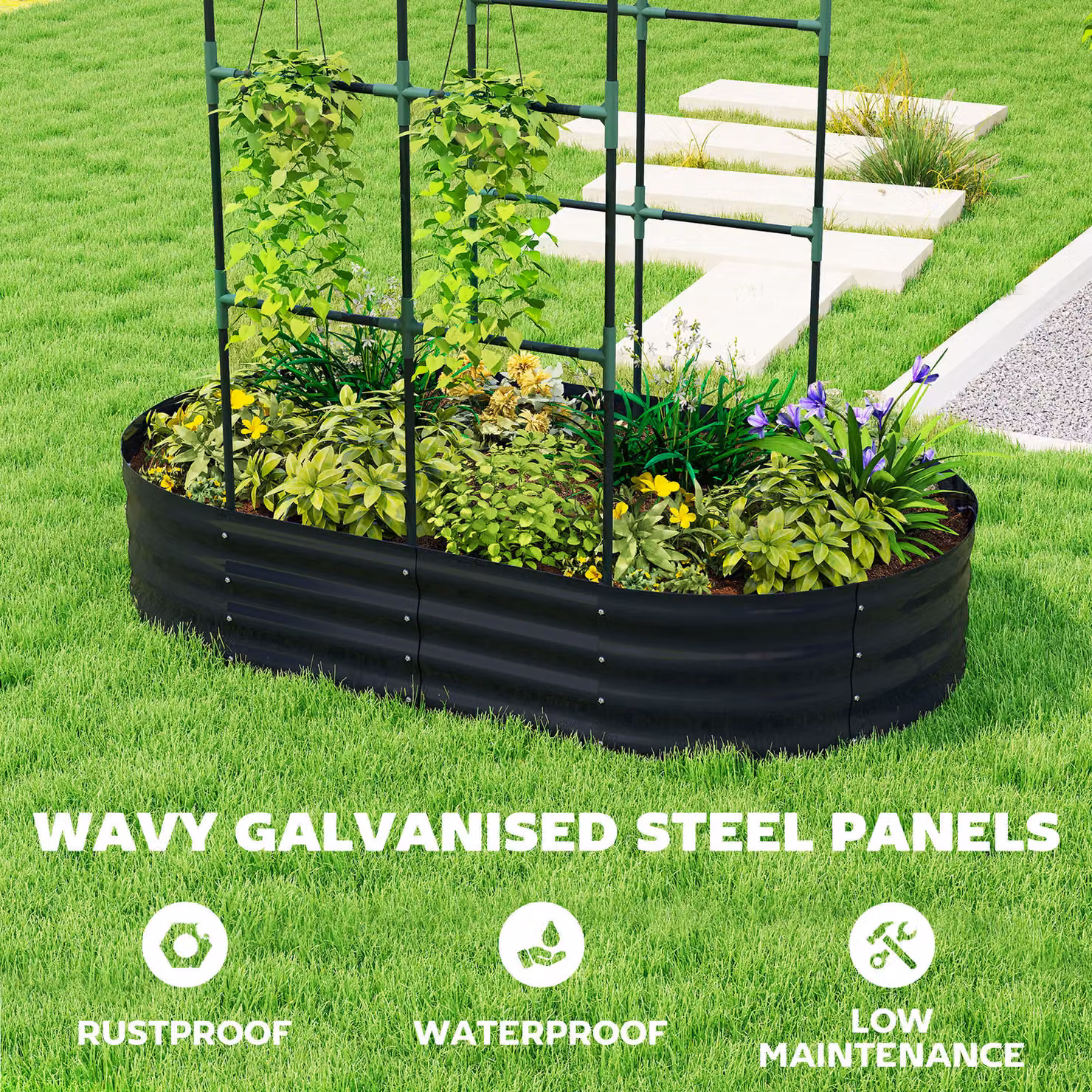 Outsunny Galvanised Steel Raised Garden Bed with Arched Trellis, Dark Grey, W: 152.4 cm, D: 91.44 cm, H: 182.88 cm – 5