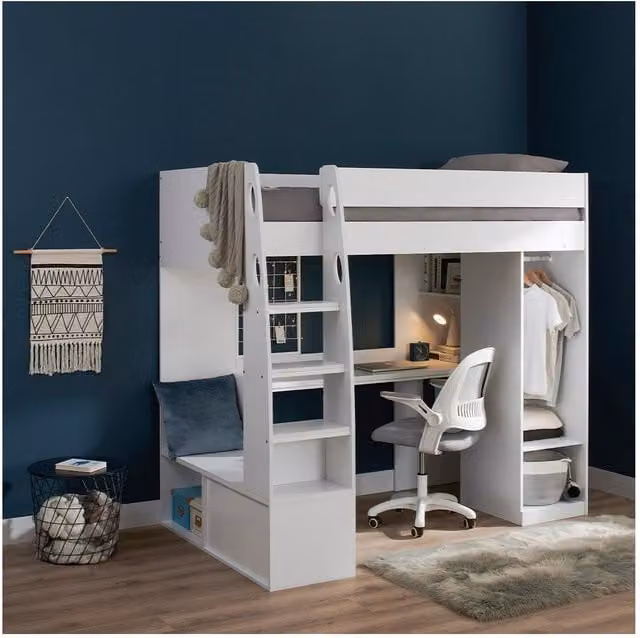 Flair Harry High Sleeper Bed with Desk, Wardrobe, Stairs and Storage in White