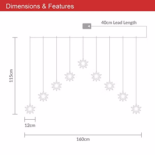 The Christmas Workshop 3D Star Curtain Lights, Warm White, Battery Operated, 2m – 2