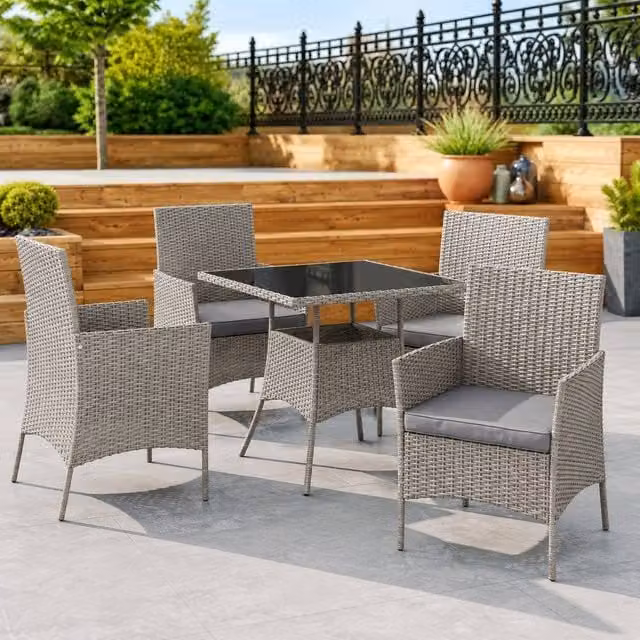 STILVORA 5-Piece Modern Garden Dining Set with Square Tempered Glass Table and Chairs in Grey – 1