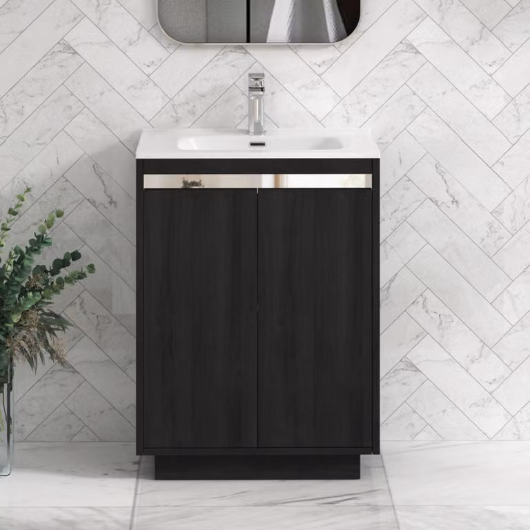 Royal Bathrooms Orion 600mm Floor Standing 2 Door Vanity Unit in Matt Black with Ceramic Basin and Chrome Accent Trim