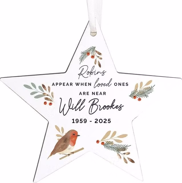 Personalised Memento Company White Robin Memorial Star Hanging Wood Ornament