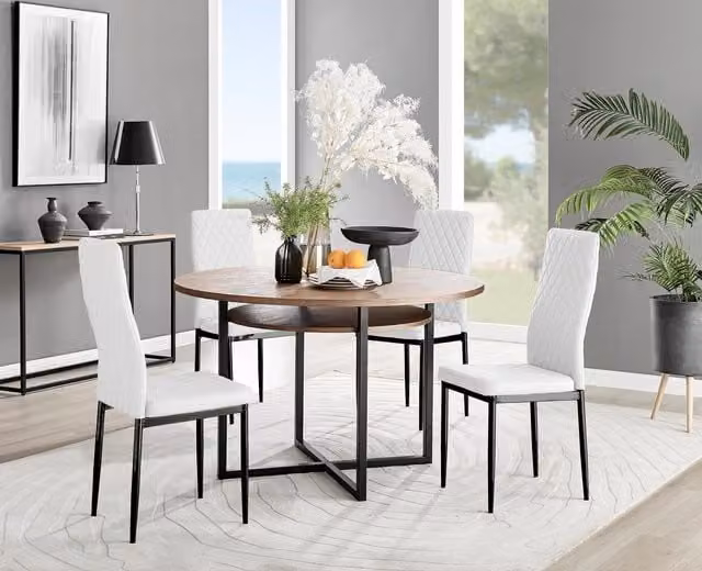 FurnitureboxUK Adley Brown Wood Storage Dining Table and 4 Milan Black Leg Chairs in Off-White