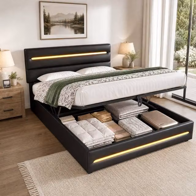 STILVORA Double Ottoman Bed with Storage, LED Lighting and USB Charging Port in Black – 1