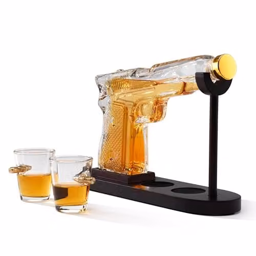 Connoisseur Creations Glass Pistol Gun Decanter and Bullet-in-Glass Shot Glasses Set, Transparent, 0.75 l