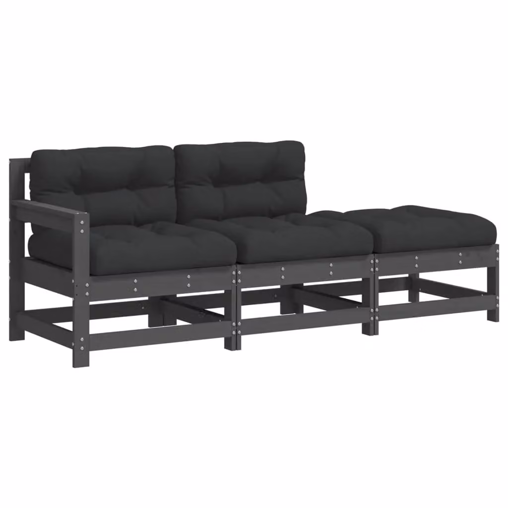 Berkfield Home 3 Piece Grey Solid Pine Wood Garden Lounge Set with Fabric Cushions – 2