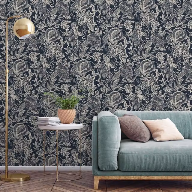 Grandeco Mae Floral Botanical Wallpaper in Blue and White