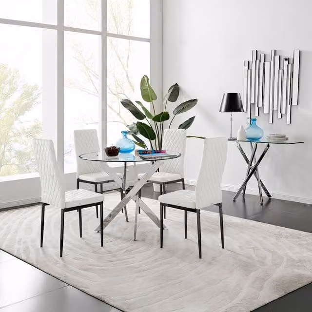FurnitureboxUK Novara 100cm Round Glass Dining Table and 4 Milan Black Leg Chairs in White