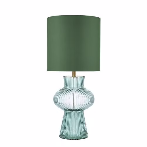 Dar Lighting Suelita Table Lamp in Green Ribbed Glass and Antique Brass, Height: 41.5 cm