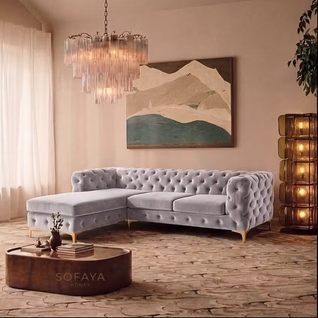 Sofaya Monaco Chesterfield 3 Seater L-Shaped Sofa with Left Hand Chaise in Light Grey Velvet