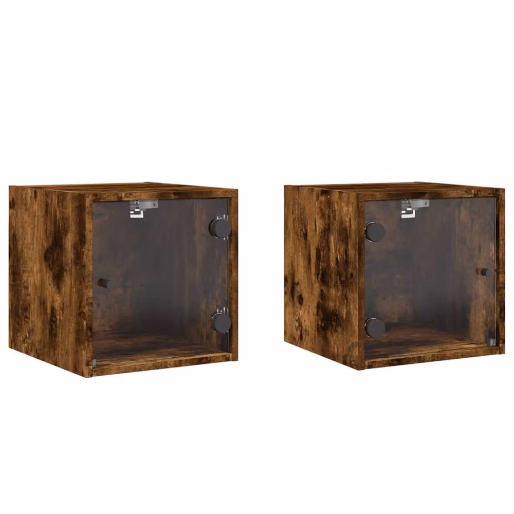 Berkfield Home Elegant Bedside Cabinets with Glass Doors, 2 Pack, Smoked Oak Brown, W/D/H: 35 x 37 x 35 cm – 2