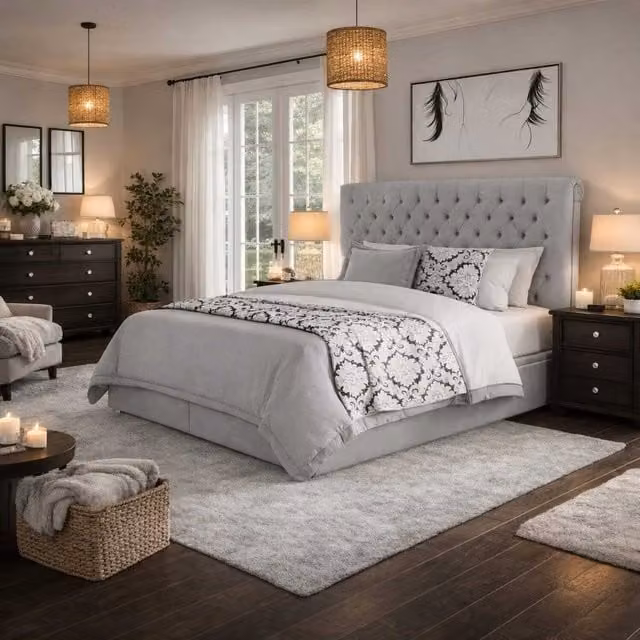 K Mehmood Enterprise Ltd Sleigh Divan Ottoman Bed in Silver Fabric, Superking, W/D/H: 200 x 200 cm
