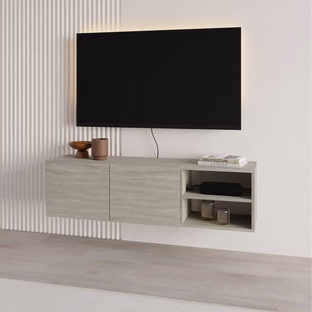 Conrad Decortie Modern Wall Mounted Floating TV Stand for 50 Inch TVs in Travertine Beige