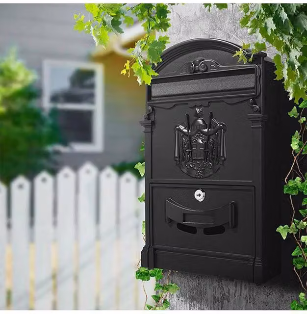 Living and Home Antique Style Lockable Aluminium Wall-Mounted Letterbox in Black, H 42.0 cm x W 26.0 cm x D 8.5 cm – 1