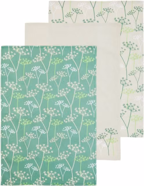 Orsina Set of 3 Floral Cotton Tea Towels in Green and White