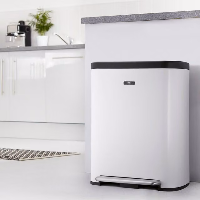 Cooks Professional 60L Dual Compartment Soft Close Recycle Pedal Bin in White with Stainless Steel Finish