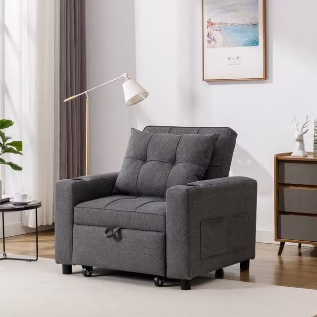 More4Homes Hudson Click-Clack Sofa Bed in Grey Linen Fabric with Cup Holders