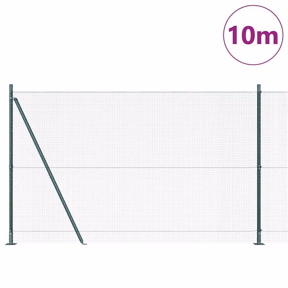 Berkfield Home Green Steel Welded Wire Fence with 7 Flanged Posts, W: 10 m, H: 1.6 m – 3