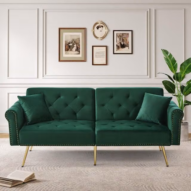 Aosom UK Modern 2-Seater Velvet Sofa Bed in Green with Adjustable Headrests, W/D/H: 177 x 74 x 71 cm – 1