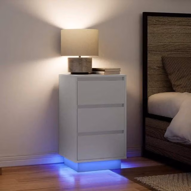 Berkfield Home White Bedside Cabinet with Integrated LED Lights, W/D/H: 38 x 34 x 65 cm